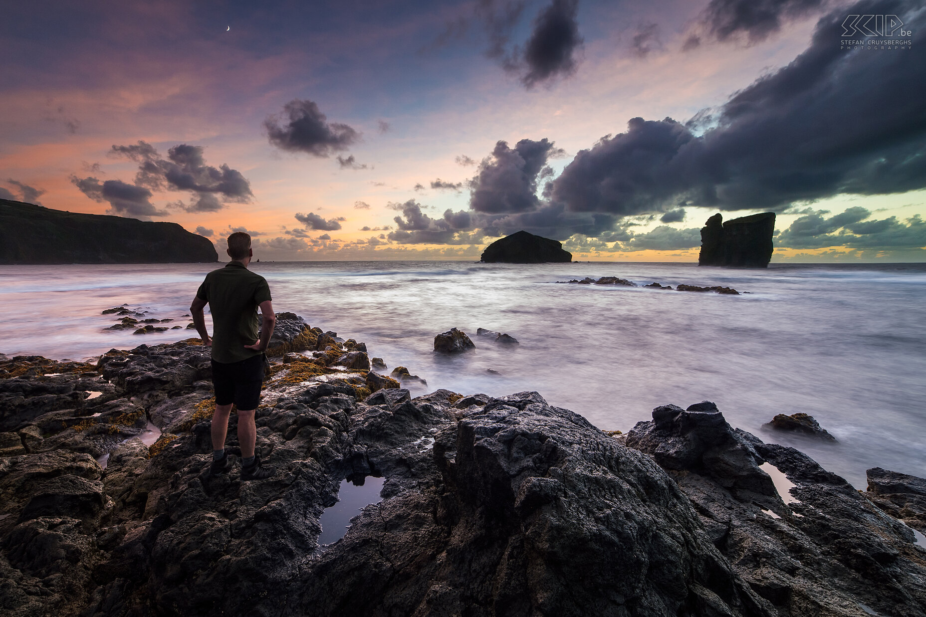 Mosteiros - Stefan Selfie during sunset at the rocky coast of Mosteiros. The word 'Mosteiros', meaning monastery in Portuguese, was named after the largest islet that is shaped like a church. Stefan Cruysberghs